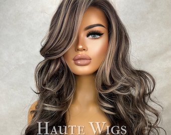 Express Yourself - Free Part BROWN Brunette Wig With blonde Highlights Lowlights Streaks Long wavy Womens Wig Human Hair Blends Lace Front