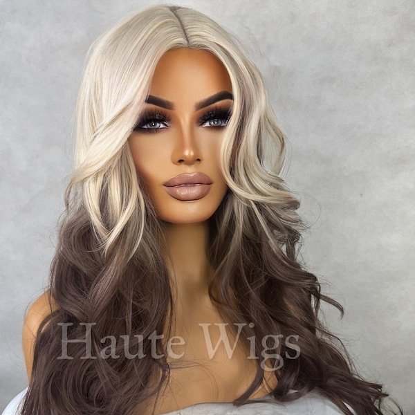 PeepShow- Ombré 613 Light Creamy Blonde To Cola Brown Brunette Womens Wavy Wig Lace Front Layered Thick Ladies Wig RARE Bleached Peroxide