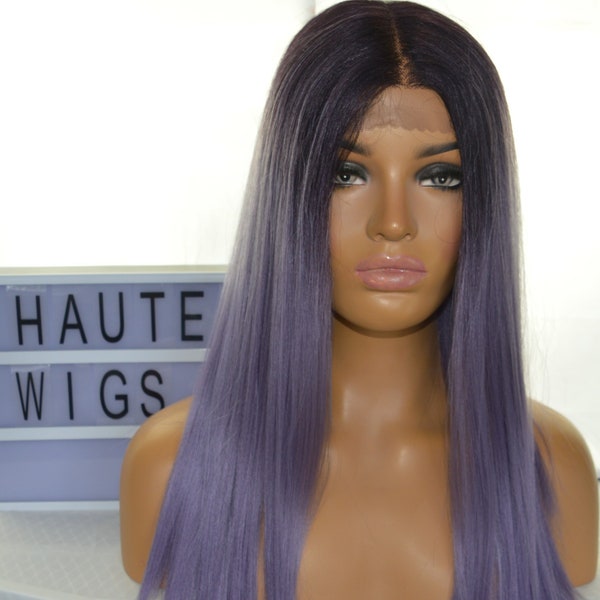 Ombre Lilac Light Purple Violet Wig Long Straight Lace Front Human Hair Blends Wig Dark Roots Ladies Womens Wigs