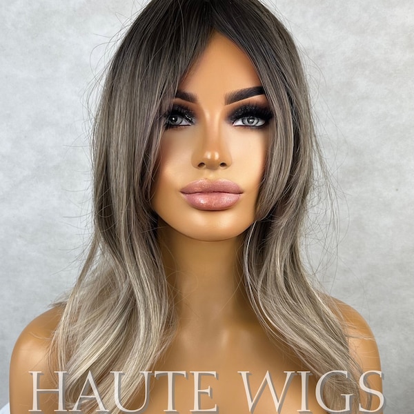 14 Inch Ash Blonde Brown Cool Toned Dirty Ombre Brown Wig With Fringe Bangs Center Parting Short BOB Wavy Synthetic Hair Wigs
