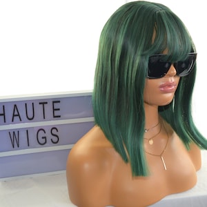 EMERALD GREEN Blunt Cut Wig Straight Layered  Short Unisex Womens Wig BOB Synthetic Hair Dark Fringe Bangs Heat Resistant