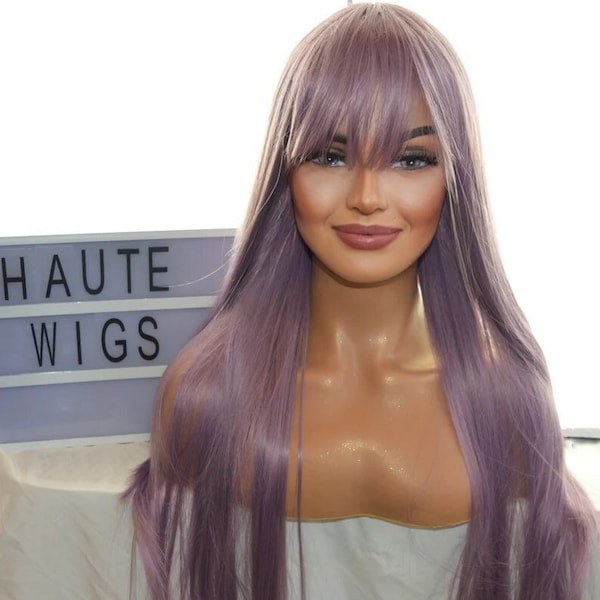 Lilac Straight Long Wig Womens Vegan Synthetic Hair 26 Inches Ombre Lilac Purple Orchid Fringe Bangs Ladies Wigs