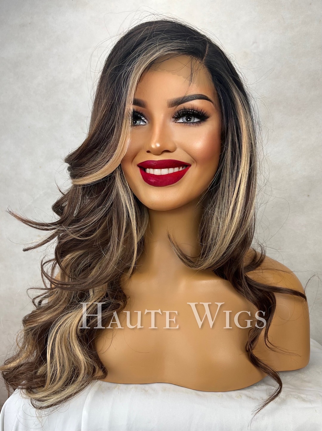 Epic 30 Inch Long Womens Wig Dark Brown With Blonde Highlights Streaks
