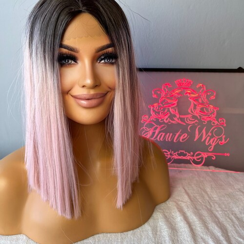 Ombre Light Pink Rose Gold Straight Wig Womens Layered Bangs Etsy