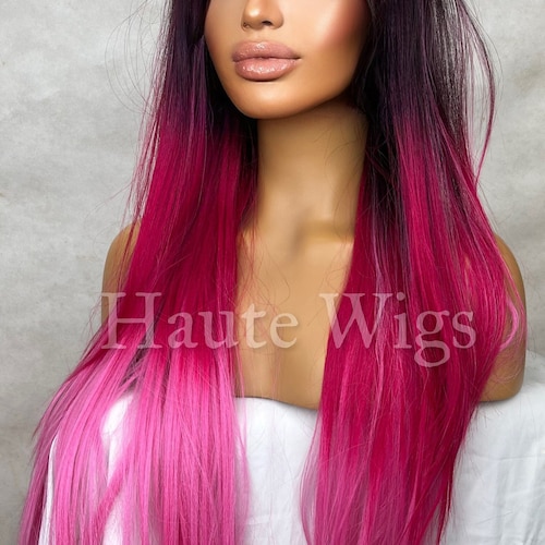 20 Inch Ombre Fuchsia Pink Wig: Human Hair Blend Lace Front  display picture 1