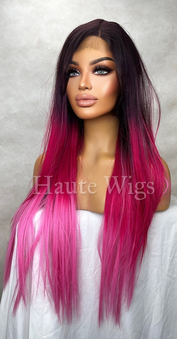 Buy 20 Inch Ombre Fuchsia Pink Wig: Human Hair Blend Lace  display picture 1
