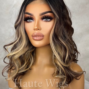 Phenomenal - 14 inch Money Piece Brunette Brown Wig Warm honey Blonde Highlights Hair Lace Front Straight Blonde Streaks Human Hair Blends