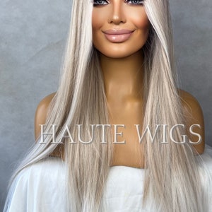 Ash Blonde Balayage Wig: 28 Inch Straight Lace Front Wig human hair blend white girl wigs