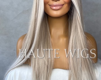 Ash Blonde Balayage Wig: 28 Inch Straight Lace Front Wig human hair blend white girl wigs
