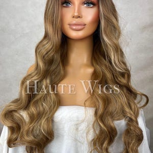 Inspired Wavy Long 36 Inches Pre cut lace Front Wig Deep Golden blonde brown Stunning Human Hair Synthetic Blends Curly Beautiful Density image 1