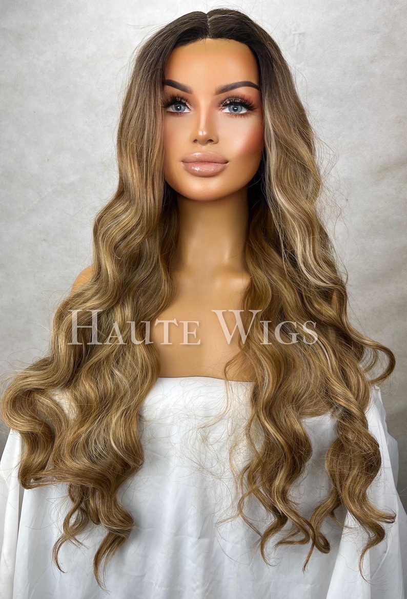 Inspired Wavy Long 36 Inches Pre cut lace Front Wig Deep Golden blonde brown Stunning Human Hair Synthetic Blends Curly Beautiful Density image 1