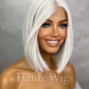 Laguna - Short Ash White Platinum Blonde BOB 12 inch Wig Straight Center Parting Low Density Lace Front human hair blends Haute Wigs gift