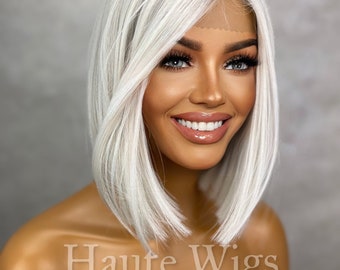 Laguna - Short Ash White Platinum Blonde BOB 12 inch Wig Straight Center Parting Low Density Lace Front human hair blends Haute Wigs gift