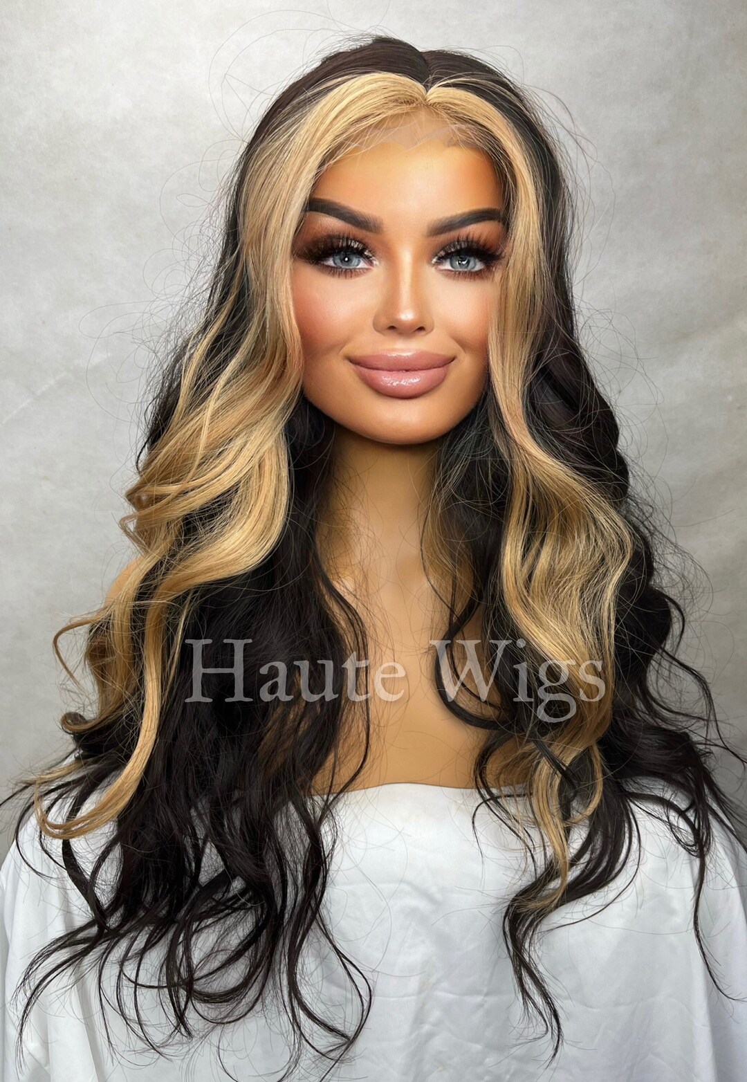 Golden blonde wig ombré black on roots26 inch long lace front middle part Amazon.com : TaBeWay Blonde Ombre Lace Front Wig with Black  main image 2