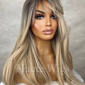 Beautiful Stranger - Blonde With Dark Brown Roots Balayage Highlights 20 Inch Wig Straight Layered NO Lace Front bangs Wig Gift for her