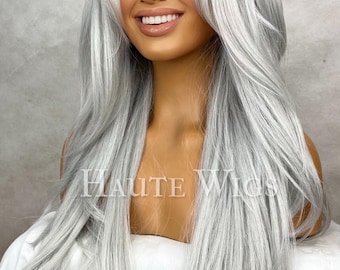 Bare Silver - Wavy 24 inch Platinum White Silver Ash Blonde Wig Center Parting Womens HD Lace Front Realistic Human Hair Blend Ladies Gift