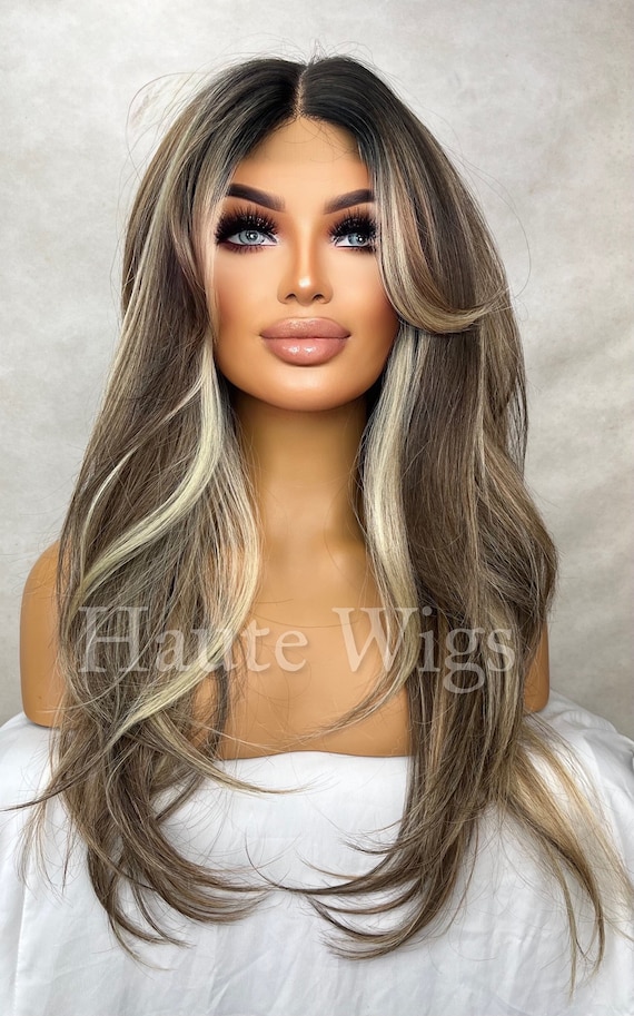 Brunette Wig With Ash Blonde Highlights: Lace Front Human  display picture 3