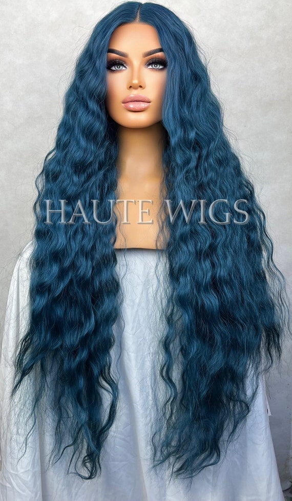 Poison Extra Long 42 Inches Lace Front Human Hair Womens Wig Ladies Wavy Curly Deep Night Sea Blue Luxury Hairs Center Parting Full Density Etsy UK