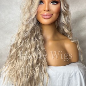 Rio - Wavy 30 inch Light COOL Tone Ash Blonde Wig No ombré Womens Long Wig Lace Front Realistic Human Hair Blends Ladies Wig Gift