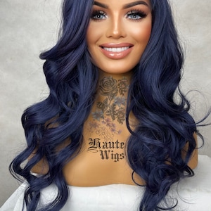 Baddie - Navy Dark Blue 24" Long Wavy Wig Womens Ladies Curly Lace Front Human Hair Blend Wigs centre Parting Haute Wigs gift for her