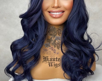 Baddie - Navy Dark Blue 24" Long Wavy Wig Womens Ladies Curly Lace Front Human Hair Blend Wigs centre Parting Haute Wigs gift for her