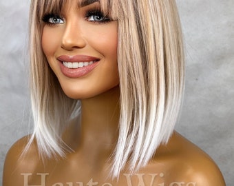 Chic - Short Ash Blonde White Ends Balayage Highlights BOB streaks 12 inch Wig Straight Center Parting Low Density bangs fringe Haute wigs