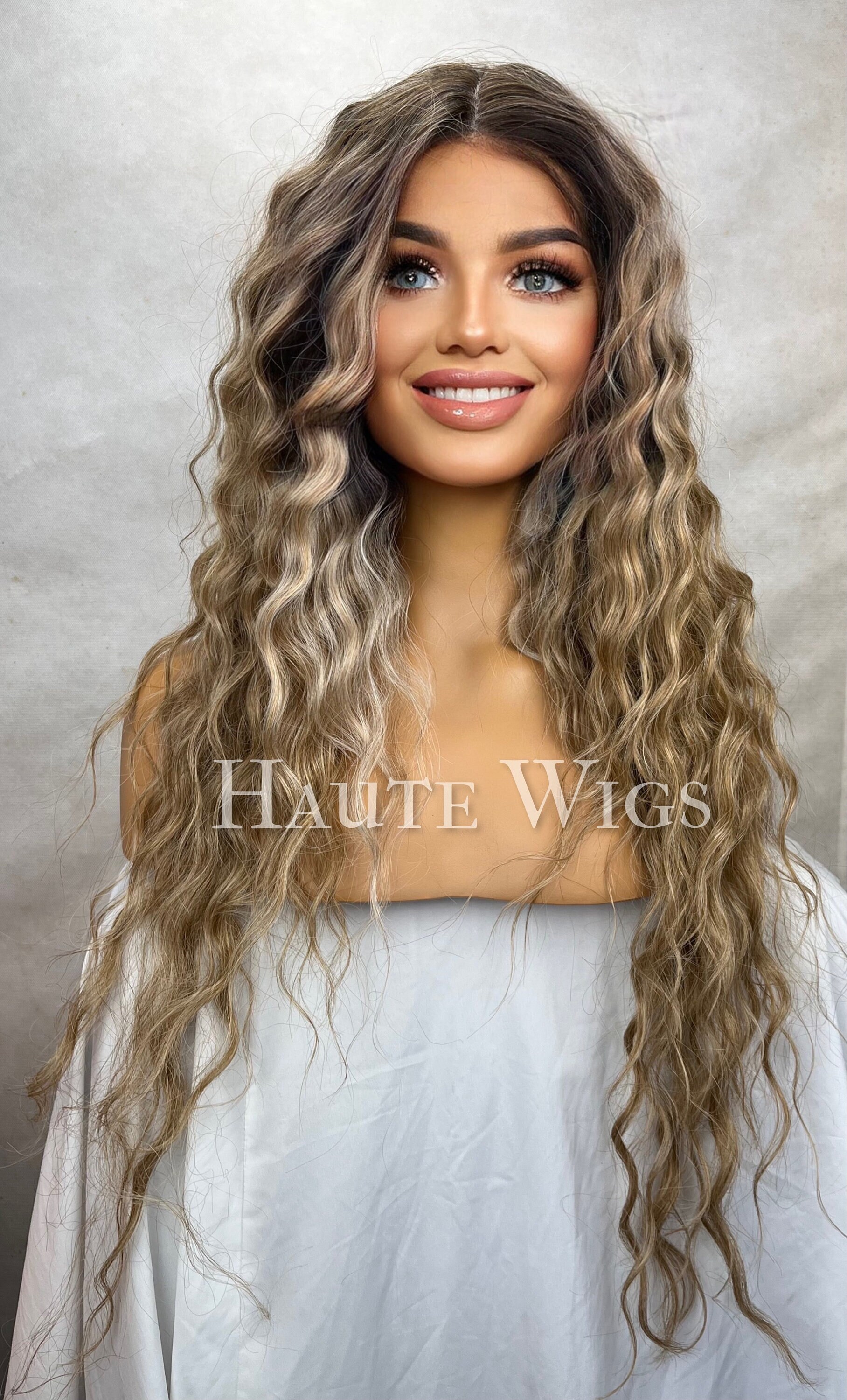 Human hair blend lace front ash blonde with dark roots wavy wig. Ombre Ash Blonde Highlights Human Hair Wigs with Dark Roots  main image 3