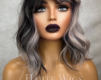 v2 Corpse Bride 14 inch Half Black & Platinum Silver Wig Hair Fringe Bangs Wavy gothic Gift for her Role Play or Everyday Haute wigs emo