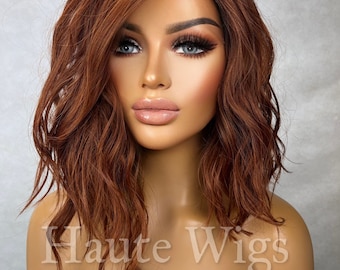 Bourgeois - Auburn Copper Ginger 14" Slanted Bob Wig wavy Dark Roots Deep Side Parting HD Lace Front Womens Wig gift for her Short Haute wig