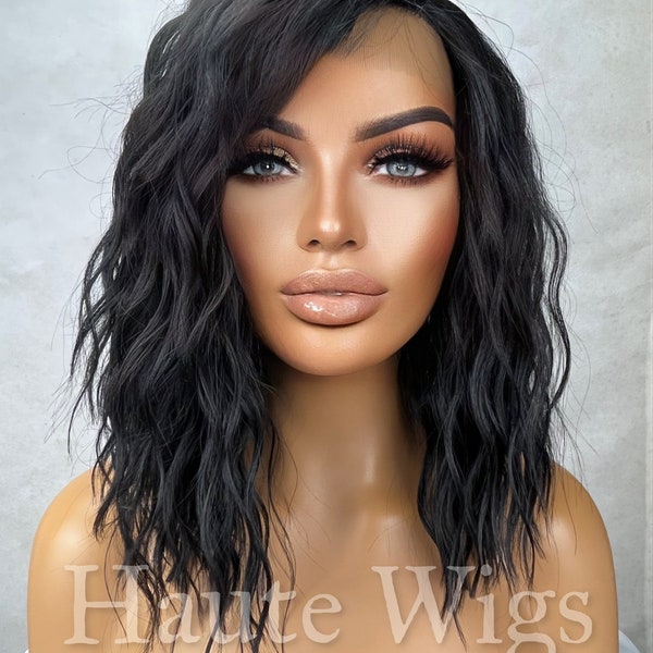 Dirty Secret - Black 14" Bob Wig Wavy Human Hair Deep Side Parting HD Lace Front Womens Wig Eye Catching Short Gift For Her Everyday Haute