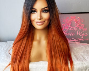 Embers OMBRE Long Straight Lace Front Human Hair Blends Womens Wig Ladies Deep Copper Ginger Brown Luxury Baby Hairs Center Parting Orange