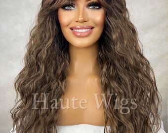 Good Vibes - Wavy 22 Inches Womens Brunette Brown Ombre Bangs Fringe Natural Wig Ladies Wavy Curly Brazilian Style Wigs