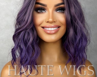 Ombre Lilac Electric Purple Violet Wig Short Pixie BOB Wavy NO Lace Front Wigs Gift For Her Dark Roots Ladies Womens Role play