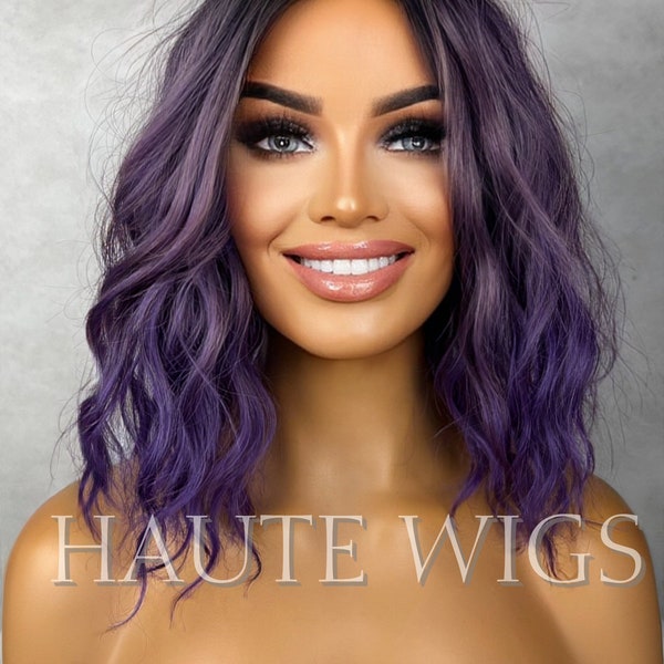 Ombre Lilac Electric Purple Violet Wig Short Pixie BOB Wavy NO Lace Front Wigs Gift For Her Dark Roots Ladies Womens Role play