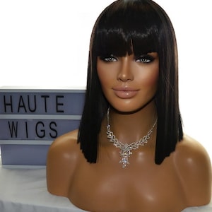Jet Black Blunt Sharp Straight Short BOB Womens Wig 14 Inch Fringe Bangs Human Hair Blends Ladies Wigs