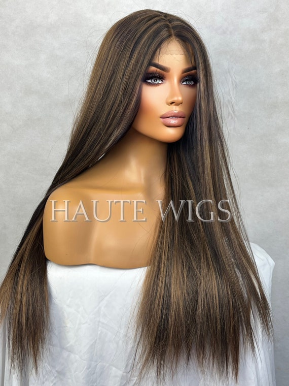 Natural Looking Dark Brunet Wig White Mannequin Head Middle Length