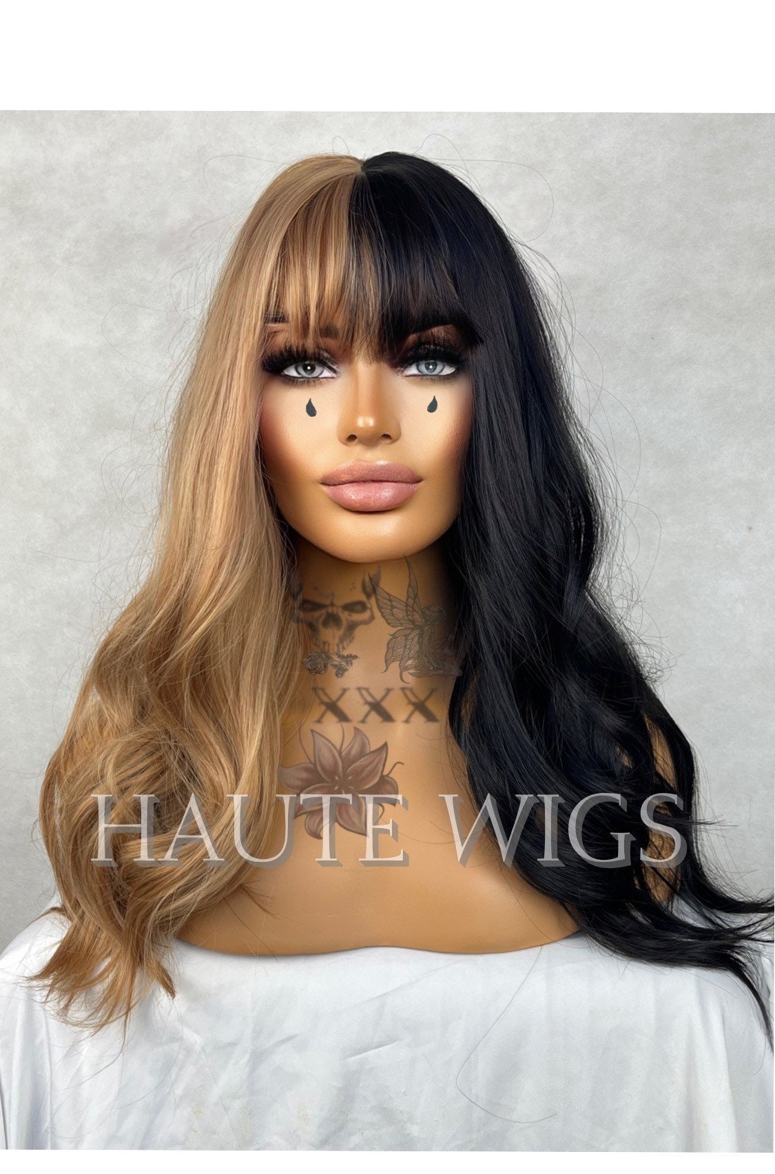 Rockstar 20 Inch Half Black and Blonde Wig Unisex Hair Fringe