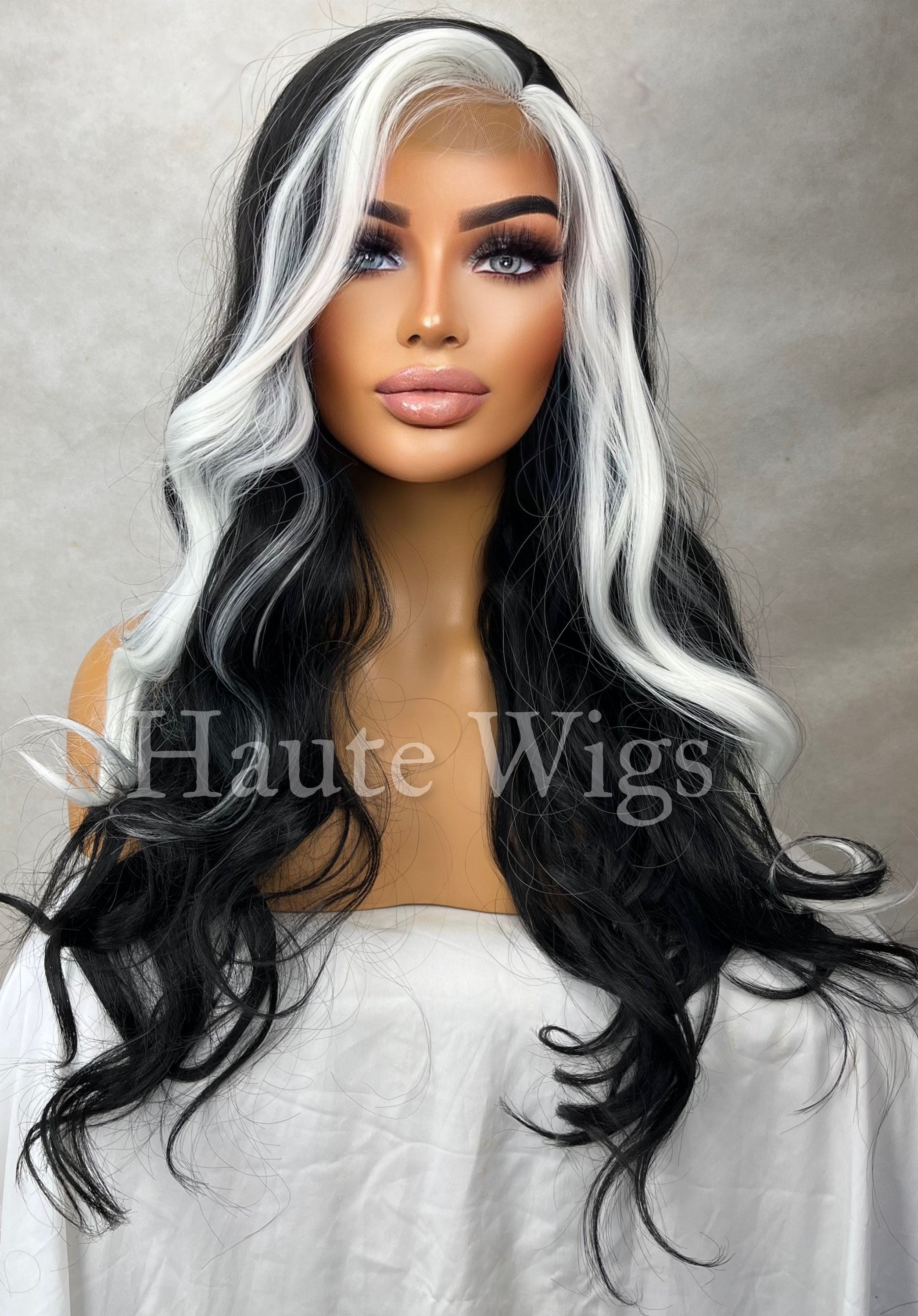 Temu Elegant Cosplay Accessories Set, Unique Color Block Black & White Short Curly Wig, Curly Human Hair Wigs Set, & Gloves & Sexy Eye Mask & Necklace 