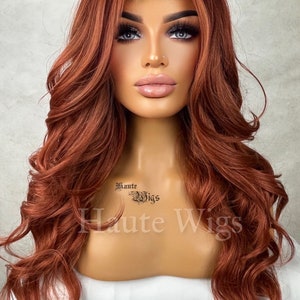 Valentine - Auburn Lace Front Human Hair Blends Womens Wig Ladies Deep Copper Ginger Brown Luxury Baby Hairs Center Parting Wavy Curly