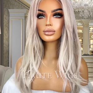 FREE PART V2 Glorious Layered 22 inch Light COOL Tone Ash Blonde Wig No ombré Womens Long Wig Lace Front Realistic Straight Ladies Wig
