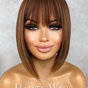 Naughty - 90s Inspired 12 Inch Short BOB Womens Wig Brunette Brown Fringe bangs Straight With Highlights Streaks NO Lace Front Ladies