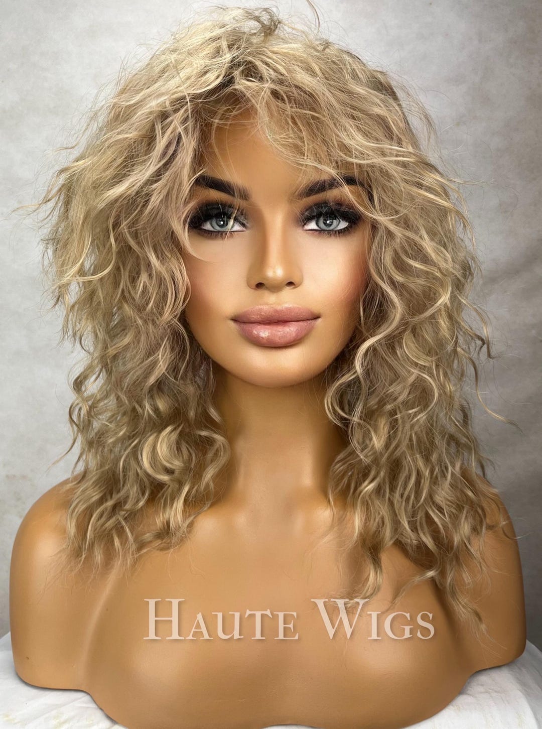 Golden Blonde Curly Wig With Fringe Bangs 14 Inch Etsy — free download