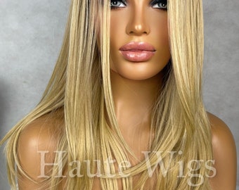 Toxic - Y2k Inspired Blonde Womens Long 19 inch Wig NO Lace Front Layered Human Hair Blends Straight Low density Ladies Wig RARE black roots