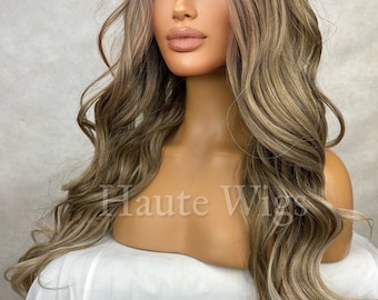 FREE PART Ash Blonde Wig: 28 Inch Wavy Lace Front Wig with Silver Highlights