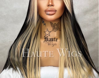Bad B!tch 24 inch Black & Yellow Blonde Wig Streaks highlights Hair Fringe Bangs  Gift for her Role Play Emo or Everyday Haute wigs goth