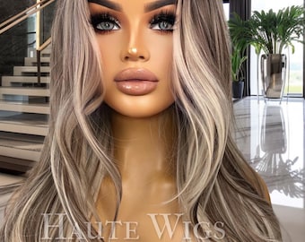 International beauty - 20 Inch Long Sexy Blonde Brown Wig Balayage Highlights Lowlights Womens Hair Lace Front Layered wavy straight haute