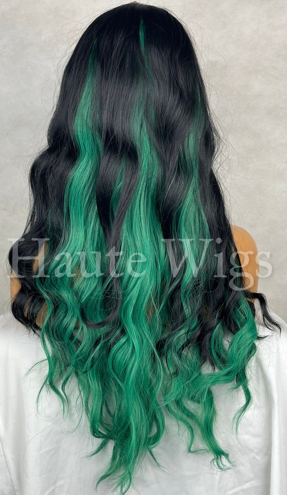 Envy - Black Wavy Wig With Bright Green Highlights: Emo Goth  display picture 3