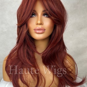 Waterloo Sunset - Red Copper Wig With Bangs / Fringe Long Ginger Auburn Layered Silky Wavy Ladies Womens Wigs No Lace Front haute wigs