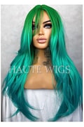 28 Inch Ombre Bright Neon Green Teal Turquoise Blue Gradient Wig NO Lace Front Bangs Fringe Long Layered Human Hair Blends Wigs Ladies