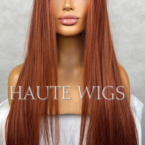 AUBURN 26 Zoll Lace Front Echthaar Mischungen Damen Perücke Damen Tiefes Kupfer Ginger Braun Luxus Baby Haare Mittelscheitel Gerade